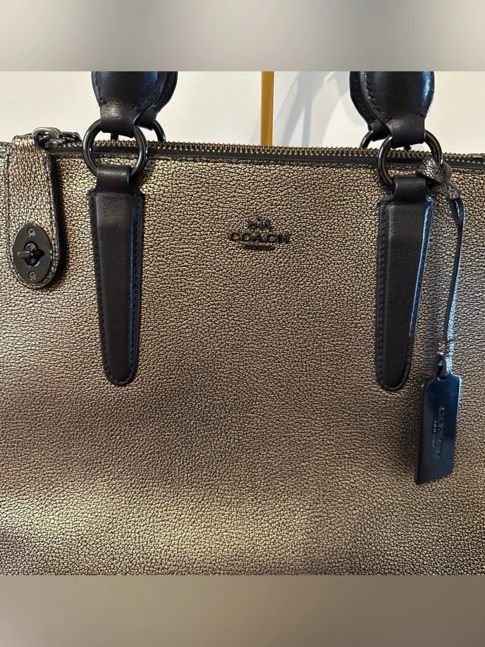Coach Metallic Gold Pebbled Satchel with Black Trim
